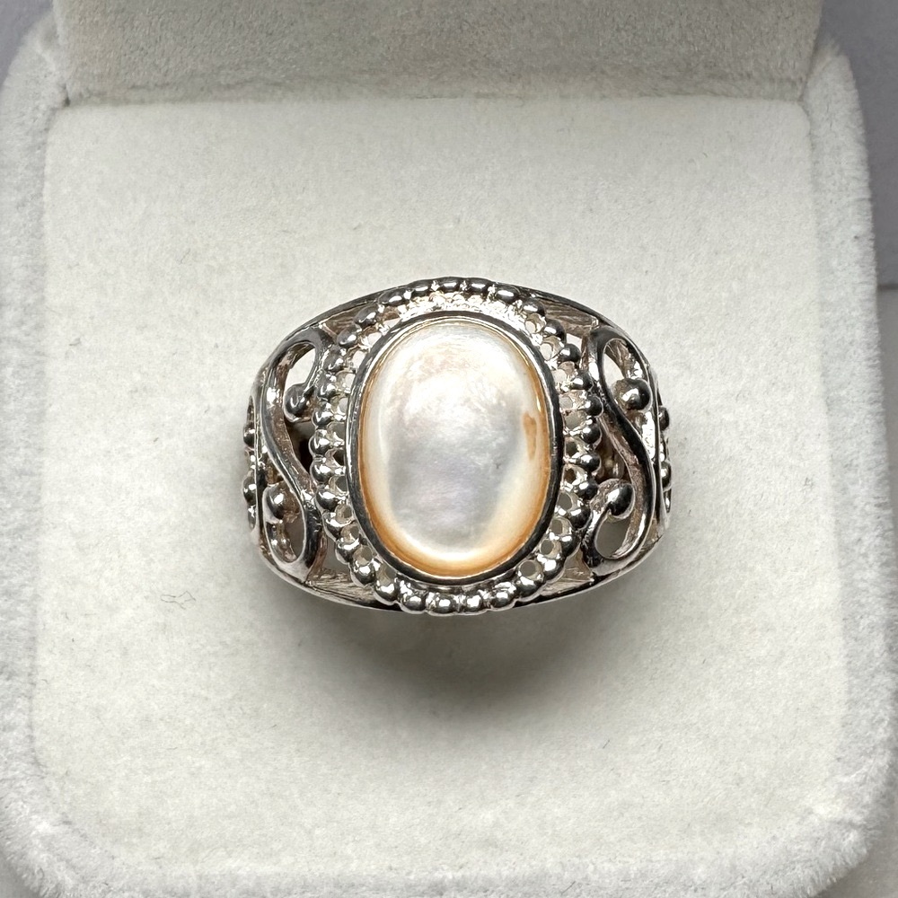 Mother of Pearl Cabochon 925 Sterling Silver Filigree Band Ring Size 8.25
